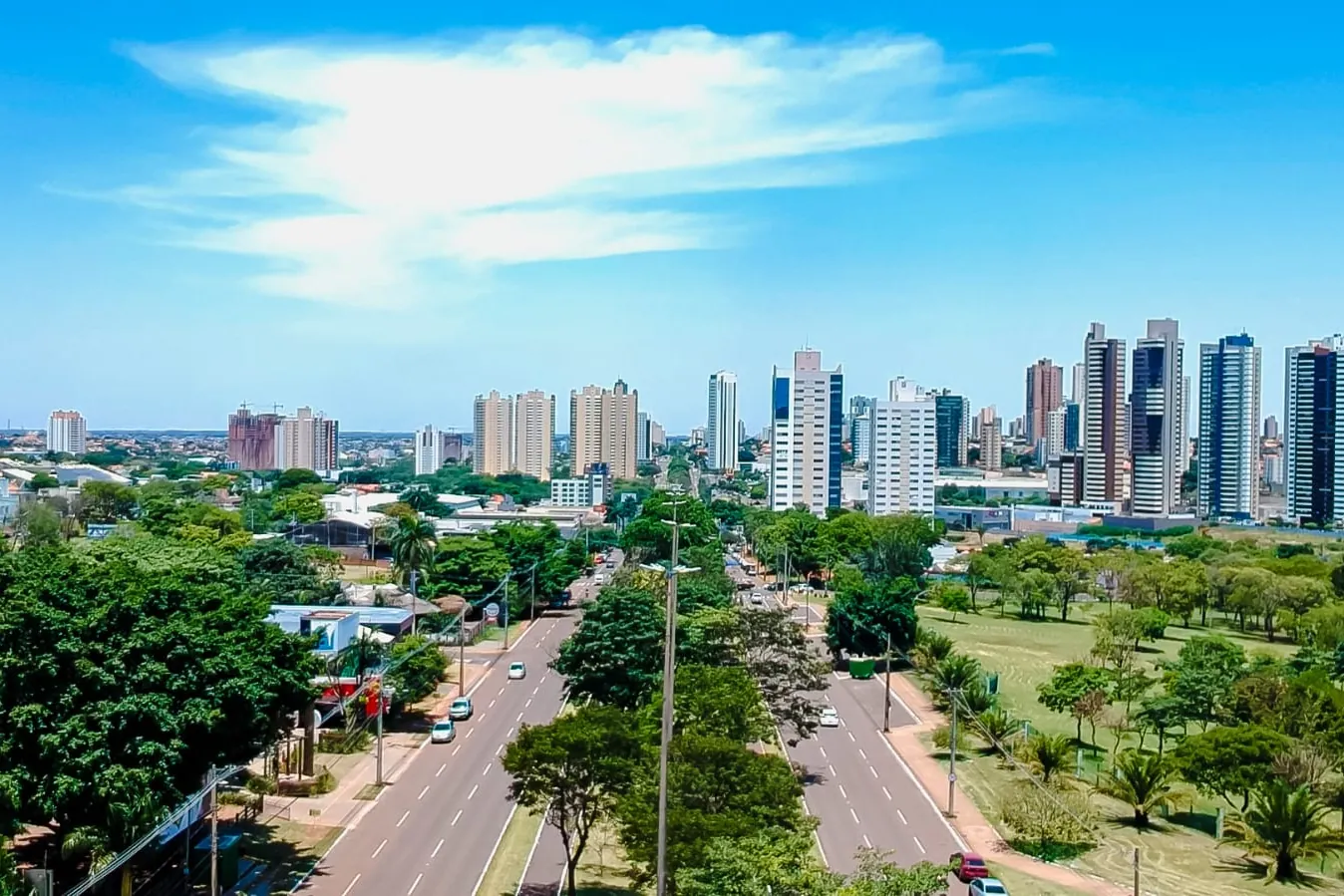 Vista aérea de Campo Grande, com avenida arborizada em primeiro plano e os edifícios da cidade ao fundo