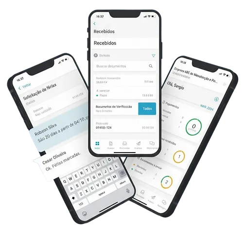 Aplicativo da Contefy em três telas de celular: documentos recebidos, solicitação de férias e painel do cliente